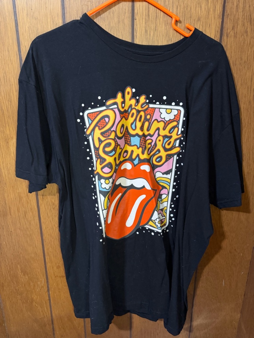 The Rolling Stones Black Tee with Red Tongue and Colorful Graphic